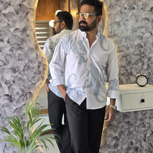 White & Blue Satin digital printed shirt